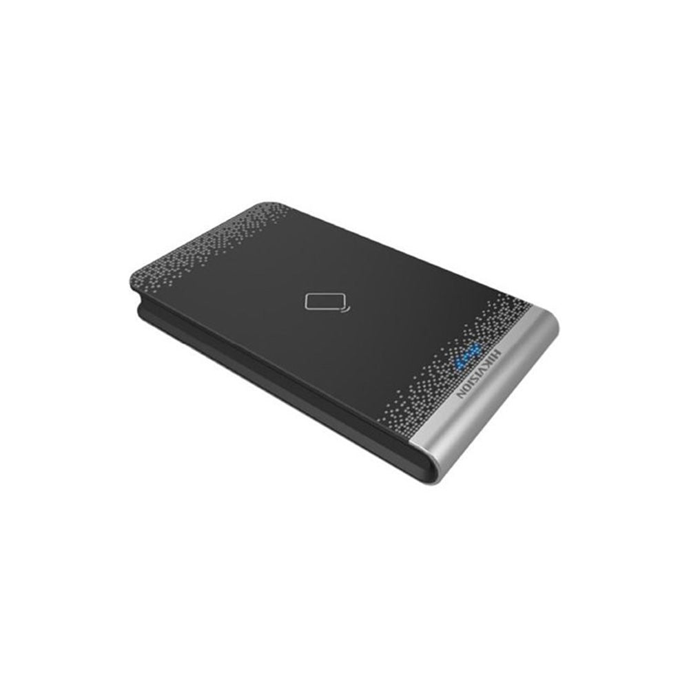 Hikvision DS-K1F100-D8E IC card enrollment station with USB interface, 13.56MHz and 125KHz RFID card reading support, CPU card compatibility, and access control credential management.