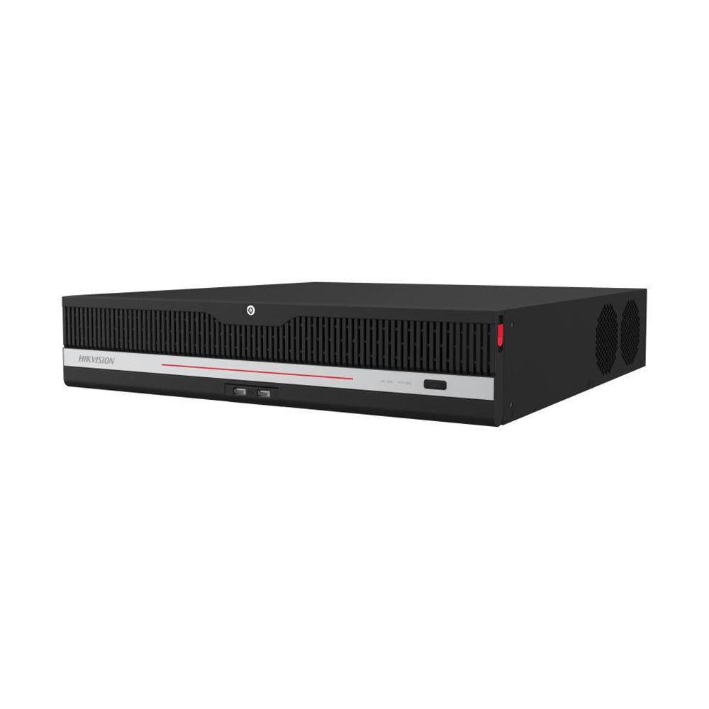 Hikvision DS-9664NXI-M8R/VPro 64-channel 32MP 2U NVR recorder with 8K support, AI-powered analytics, redundant power supply, and no hard drive installed.