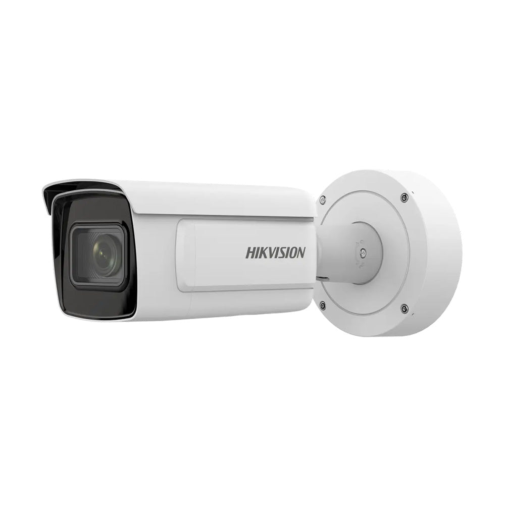 Hikvision iDS-2CD7A46G0/P-IZHSY8 4MP license plate recognition (LPR) outdoor bullet camera with 8–32mm motorized varifocal lens, IR night vision, IP67 weatherproof housing, and AI-powered ANPR.