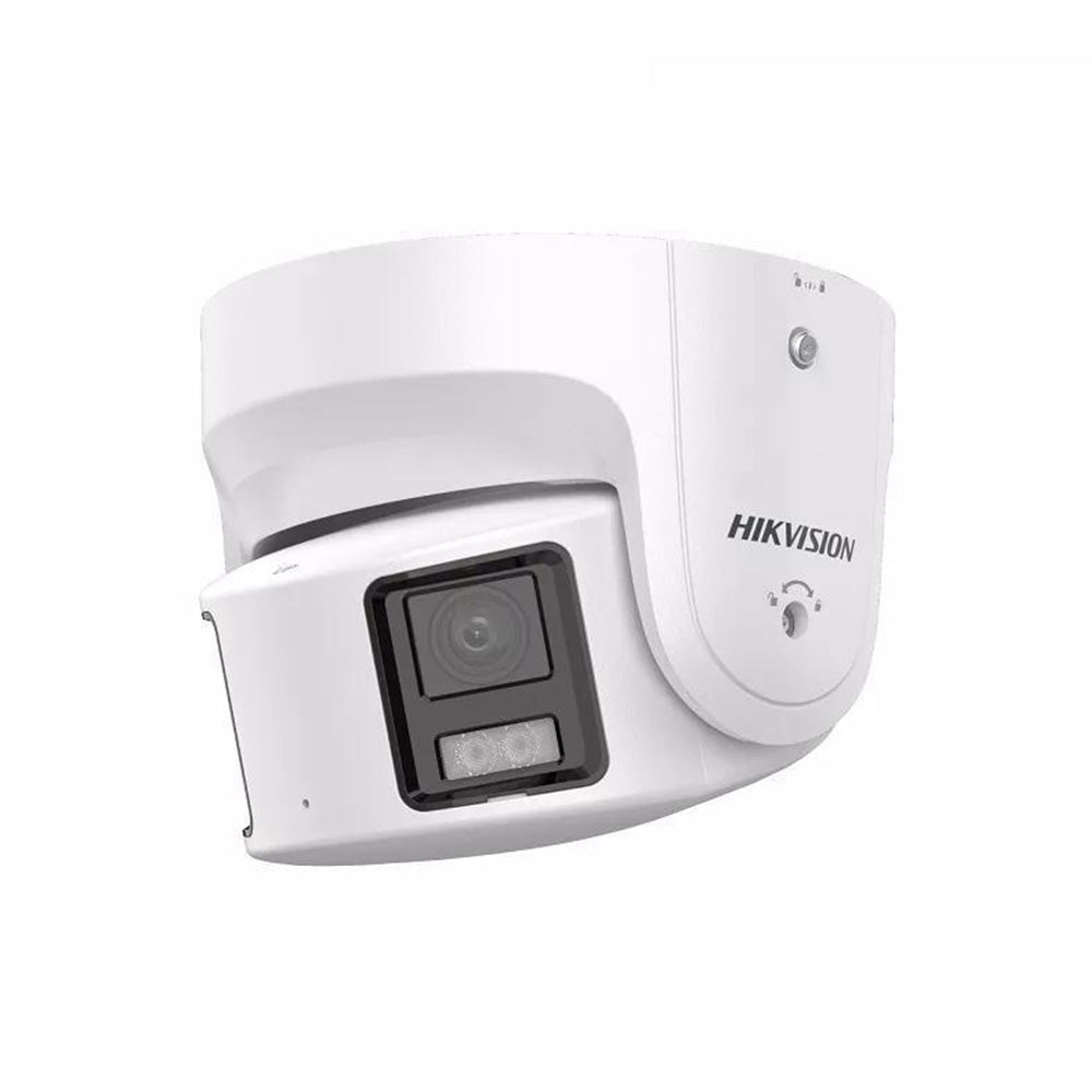 Hikvision DS-2CD2387G2P-LSU/SL 8MP panoramic ColorVu AcuSense outdoor turret PoE camera with 4mm dual lens, 180° wide view, full-color night vision, AI human and vehicle detection, strobe light, audio alarm, and IP67 weatherproof housing.