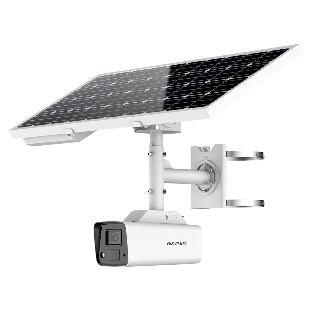 Hikvision DS-2XS2T47G1-LDH/4G/C18S40 4MP ColorVu solar-powered 4G security camera kit with 4mm lens, solar panel, and integrated battery.