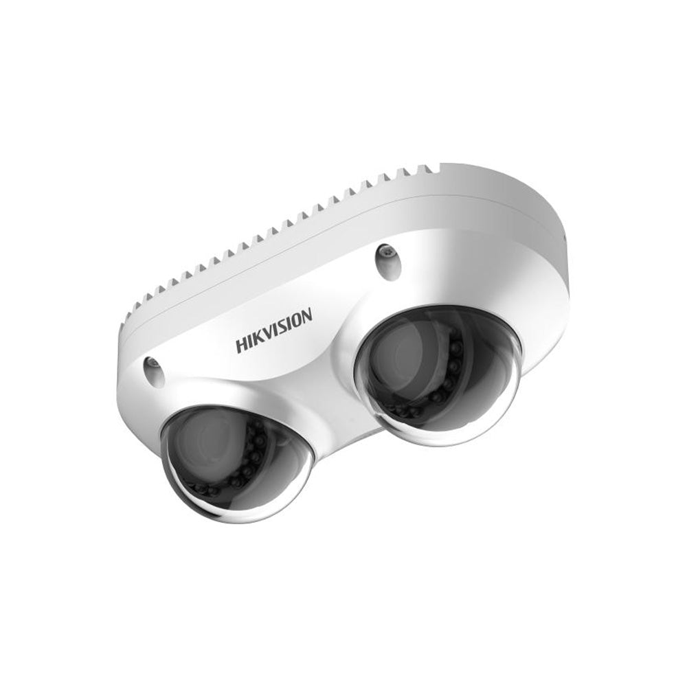 Hikvision DS-2CD6D82G2-IS 2.8mm 8MP dual-directional PanoVu PoE security camera with dual lenses, built-in microphone, and IP67-rated housing.