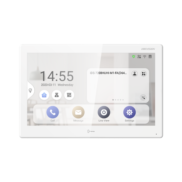 Hikvision DS-KH9510-WTE1 all-in-one indoor video intercom station with 10.1-inch IPS touchscreen, PoE, Wi-Fi, Android operating system, and Hik-Connect smart home integration.