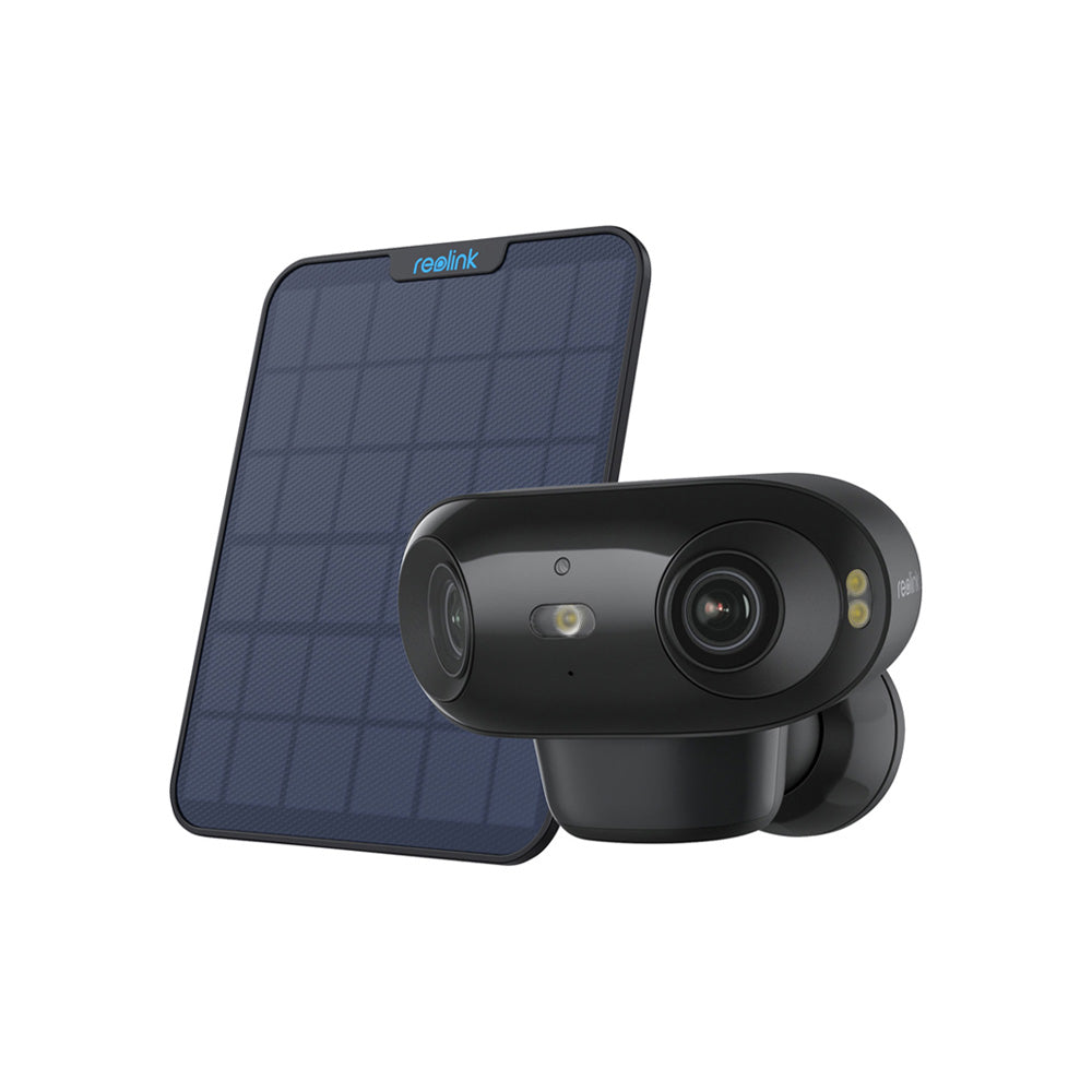 Reolink Argus B740X black battery-powered 8MP dual-lens outdoor security camera with Solar Panel 2, 4K video, AI detection, and wireless solar surveillance