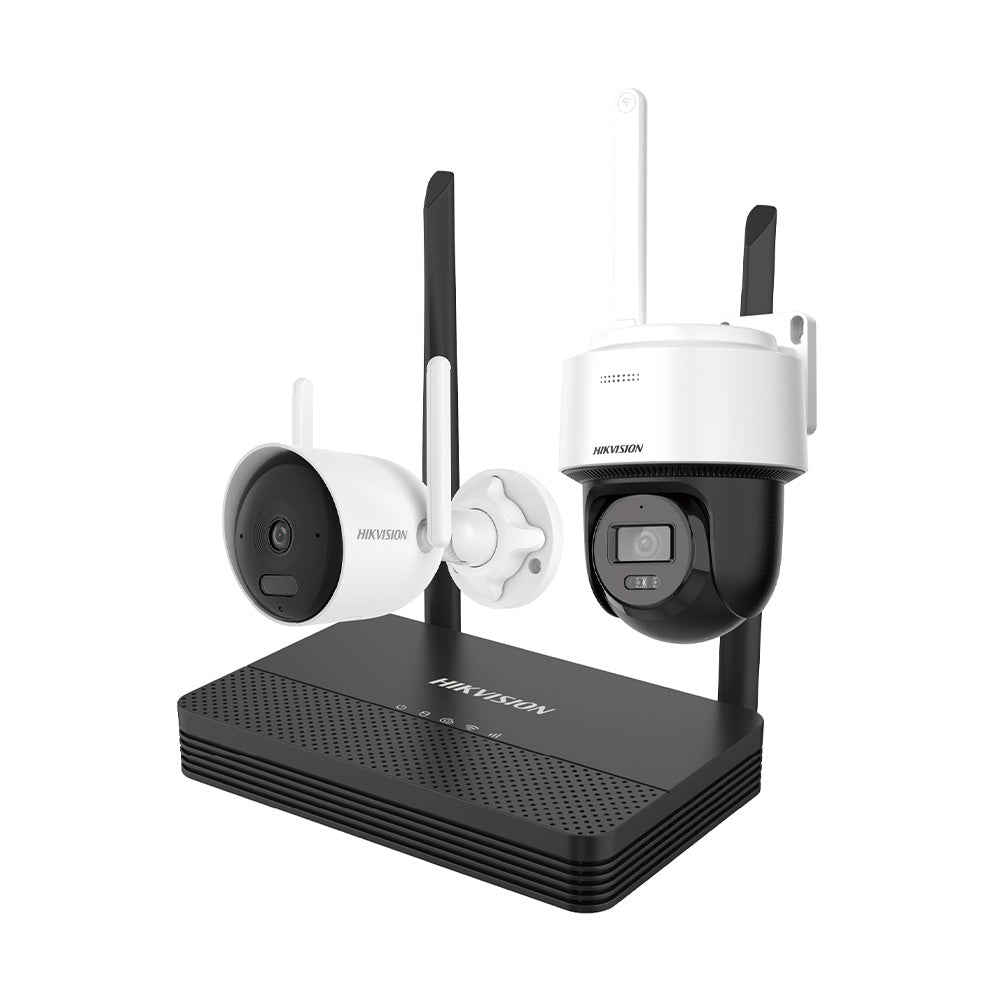 Hikvision NKS424WBPH 4-channel 4MP WiFi NVS security kit with wall-mount PT camera, wireless NVS hub, and two-way audio