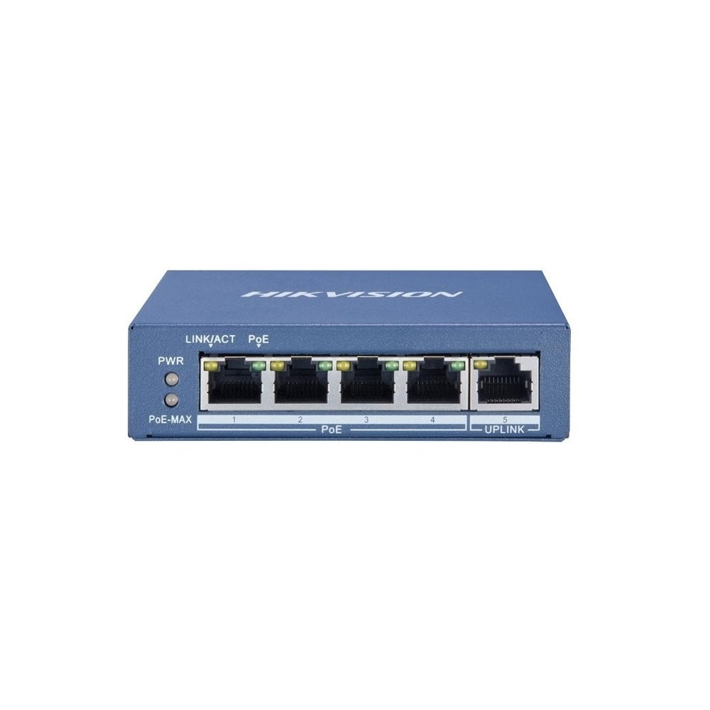 A Hikvision 4-port Gigabit Unmanaged POE Switch, with Ethernet ports and branding visible on the front panel.