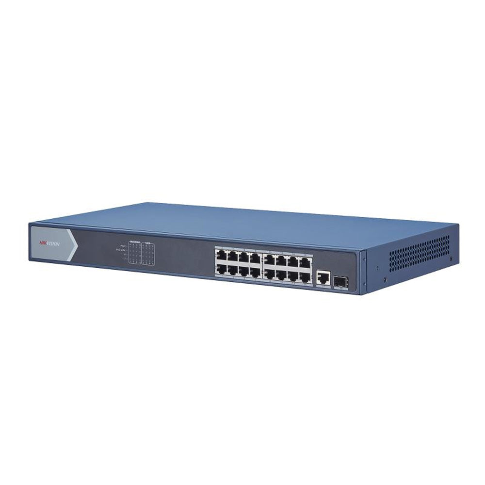 Hikvision DS-3E0518P-E 16-Port Unmanaged Gigabit PoE Switch with 32Gbps switching capacity, blue
