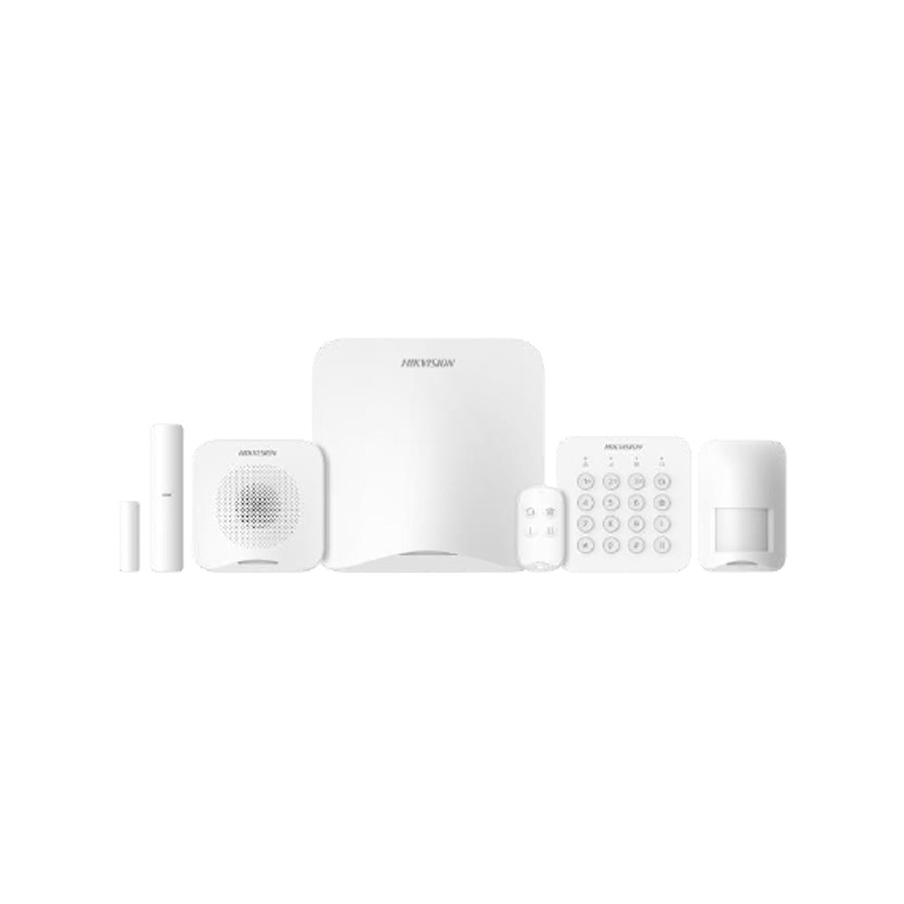 Hikvision AX Home DS-PA201PS-Kit-32WA wireless smart home alarm kit with control panel, keypad, PIR motion sensor, door contact, indoor siren, and keyfob