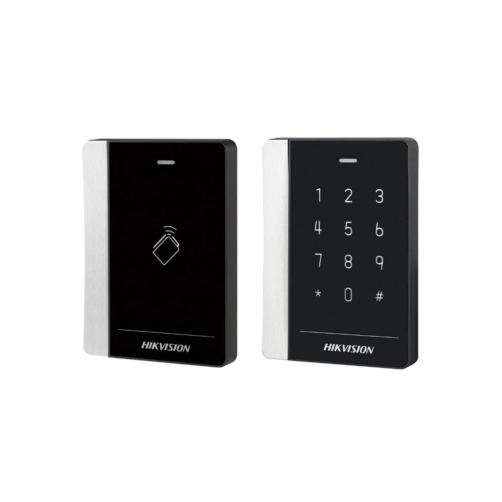 Hikvision DS-K1102AEM Pro 1102A Series card reader for access control systems with EM RFID card support, RS-485 and Wiegand connectivity, LED status indicator, and tamper-resistant design.