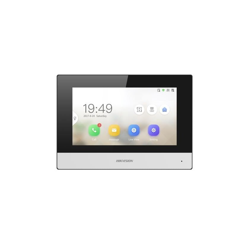Hikvision DS-KH6320Y-WTE2 two-wire IP indoor station with 7-inch touchscreen, Wi-Fi connectivity, remote door unlocking, and Hik-Connect video intercom system.