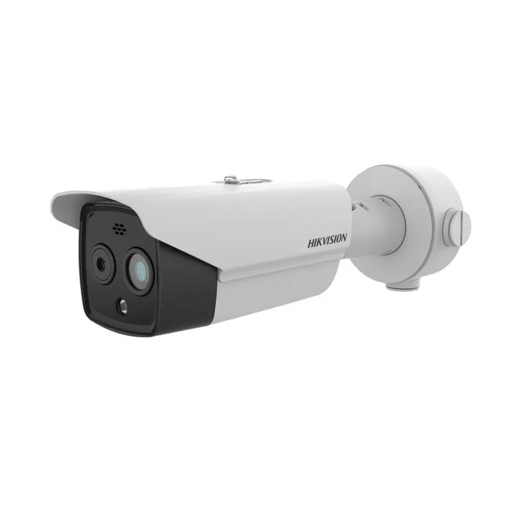 Hikvision DS-2TD2628-3/QA thermal and 4MP optical bi-spectrum outdoor bullet security camera with dual sensors, AI analytics, temperature monitoring, and IP67 protection.