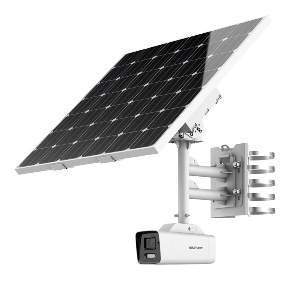 Hikvision DS-2XS6A46G1-IZS/C36S80 4MP solar-powered 4G security camera kit with 8–32mm motorized varifocal lens, 80W solar panel, and rechargeable battery.