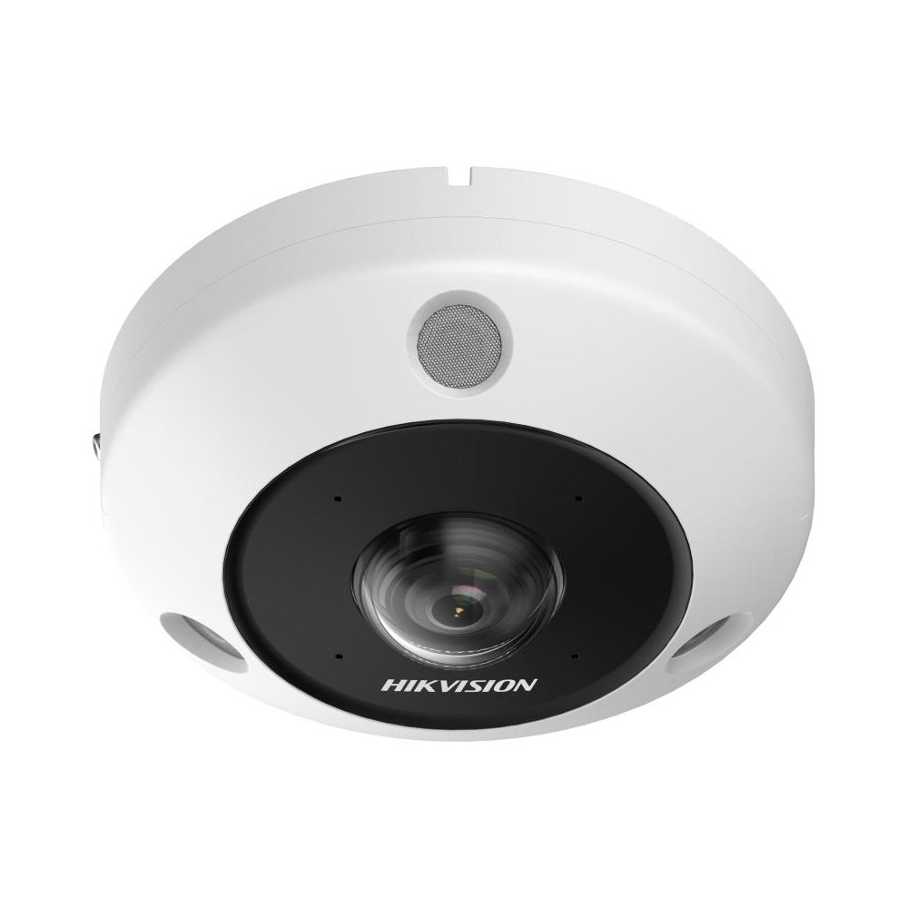 Hikvision DS-2CD63C5G1-IVS 12MP PoE outdoor fisheye security camera with 1.29mm lens, 360-degree panoramic view, IR night vision, IP67 weatherproof, IK10 vandal-resistant housing, and DeepinView AI technology. 