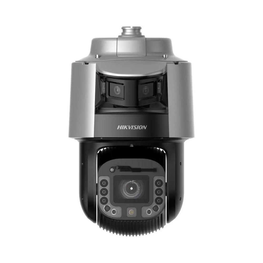 Hikvision DS-2SF8C442MXG-ELW/26(F0) TandemVu 6MP outdoor speed dome camera with panoramic lens, 42x optical zoom PTZ, and weatherproof IP67 housing.