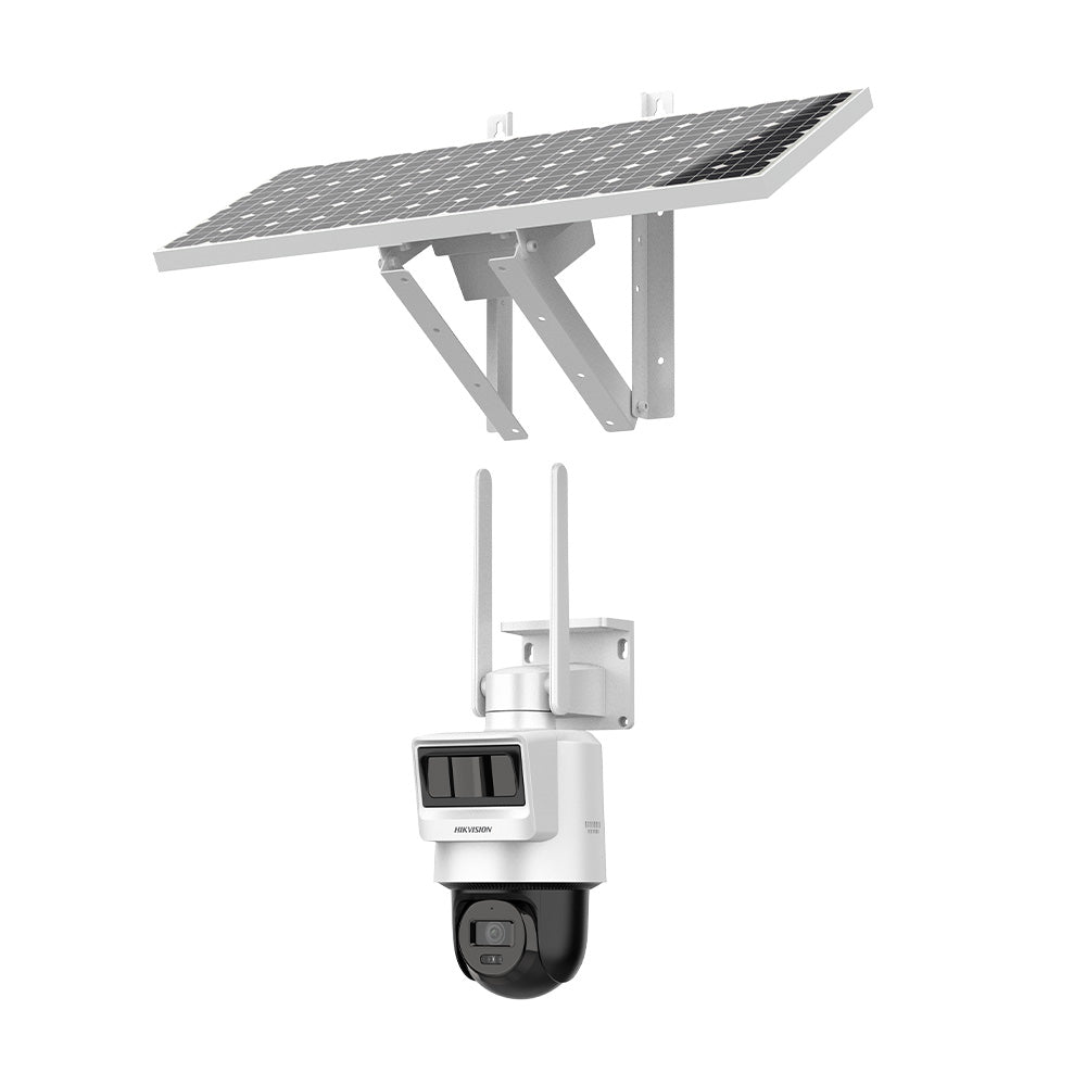 Hikvision DS-2DE2C400IWG-K/4G/C09S20 2.8mm 4MP solar-powered 4G PT security camera kit with pan tilt function, PIR radar detection, solar panel, battery, and two-way audio.