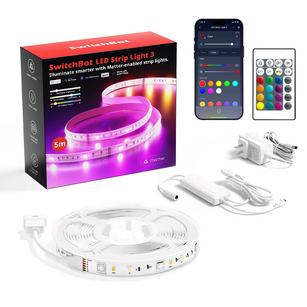 SwitchBot Smart LED Strip Light 3, 5M Matter-enabled |  RGB+CCT, Voice & App Control, Adaptive Lighting, Music Sync, and Smart Home Automation