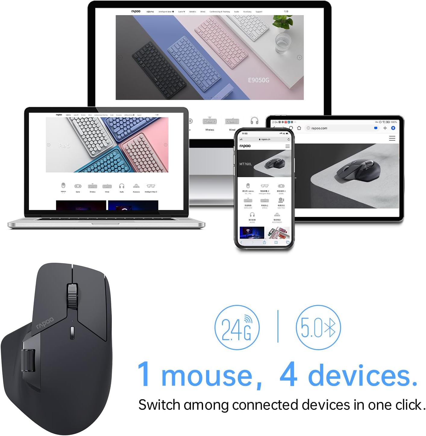 Rapoo MT760L Multi-mode Ergonomic Wireless Mouse, Black