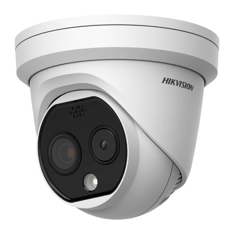 Hikvision DS-2TD1228-7/QA thermal and optical bi-spectrum network turret camera with dual sensors, temperature measurement, AI detection, and IR illumination. 