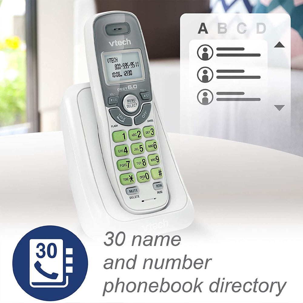 Vtech CS6114WT Dect 6.0 Single Handset Cordless Phone with Caller ID, Green Backlit Keypad and Display