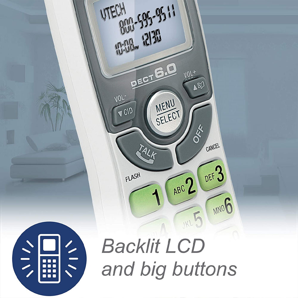 Vtech CS6114WT Dect 6.0 Single Handset Cordless Phone with Caller ID, Green Backlit Keypad and Display
