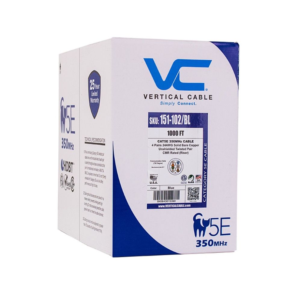 CAT5e Solid Bare Copper Riser Cable, 1000ft. UTP, 350MHz, 24AWG, CMR