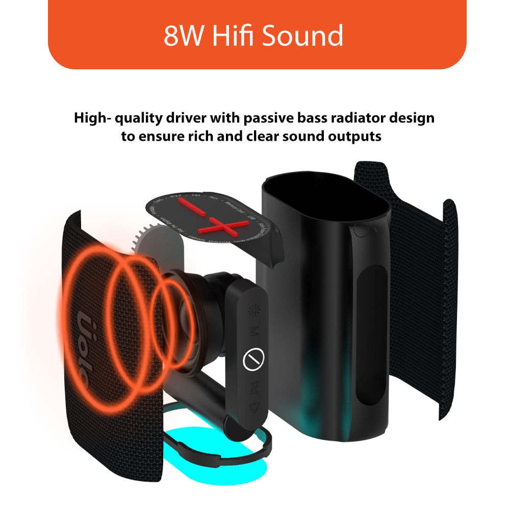 Uolo Pulse GloWave Mini Wireless & FM Speaker | [8W] Stereo Sound, Water Resistant, 20+ Hours Playtime, Emergency flashlight and SOS function