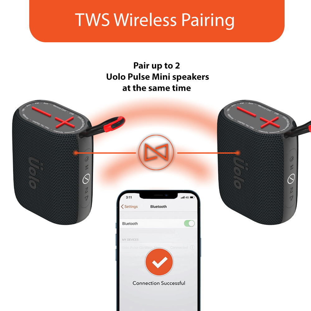 Uolo Pulse GloWave Mini Wireless & FM Speaker | [8W] Stereo Sound, Water Resistant, 20+ Hours Playtime, Emergency flashlight and SOS function