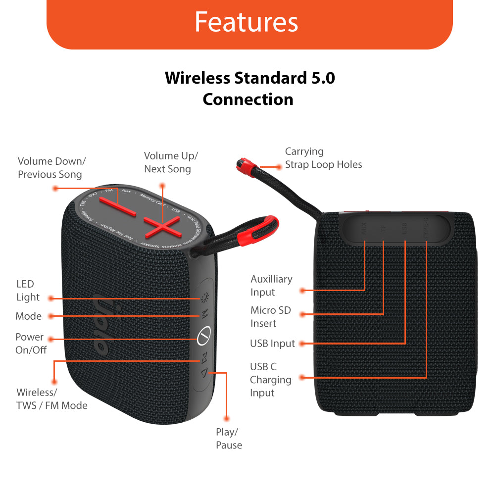 Uolo Pulse GloWave Mini Wireless & FM Speaker | [8W] Stereo Sound, Water Resistant, 20+ Hours Playtime, Emergency flashlight and SOS function
